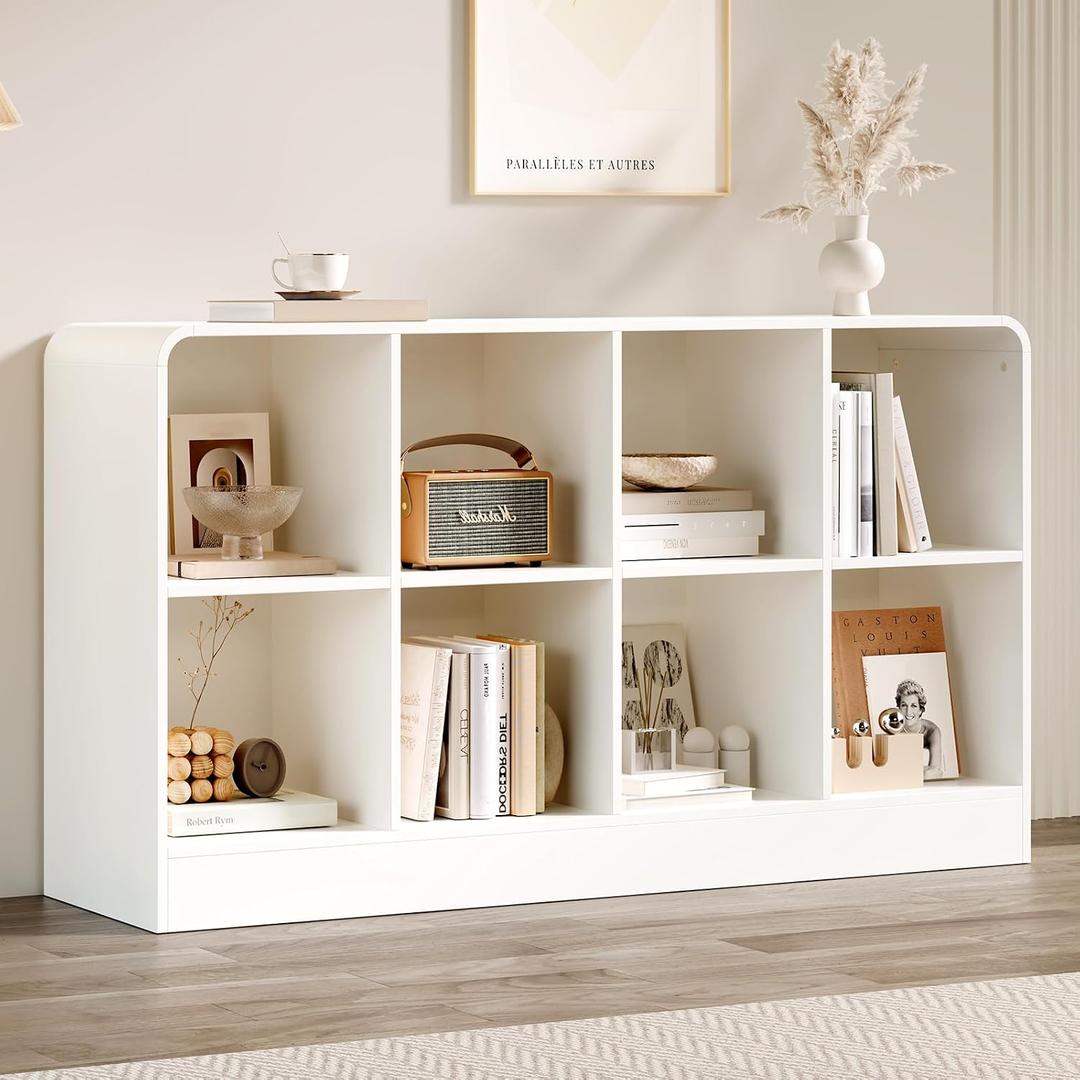 EXPERLAM White 8 Cube Storage Organizer with Rounded Edges and Reinforced Base, Low Horizontal Cube Bookshelf, Wooden Cube Shelf Bookcase for Living Room, Kids Room, Bedroom, TV Stand