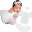 M&G House White Lace Girl Rompers - Newborn Photography Props, Pearl Lace Photoshoot Outfits, Halloween (Short Sleeve, 0-2Months)