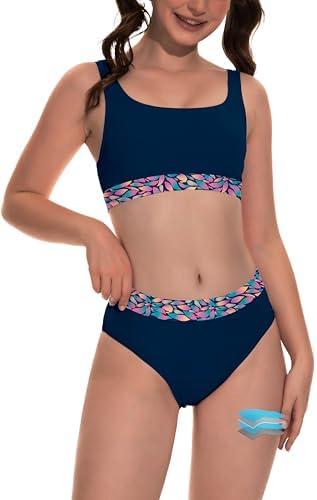 Beautikini Period Swimwear for Teens Two Piece Menstrual Leakproof Swimsuit Bikini Set Mid Waist Print Bathing Suit for Girls S