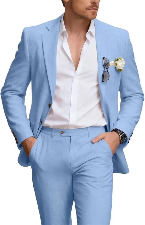 Linen Mens 2 Pieces Suit Retro Casual Slim Fit Suits Linen Beach Prom Dress Tux Set Wedding Groom Men Jacket Blazer Pant M