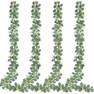 Sggvecsy 4 Pack Artificial Eucalyptus Garland Eucalyptus Leaves Vines Greenery Garland Faux Silver Dollar Eucalyptus Leaves for Table Party Wedding Indoor Outdoor Home Mantle Wall Decor
