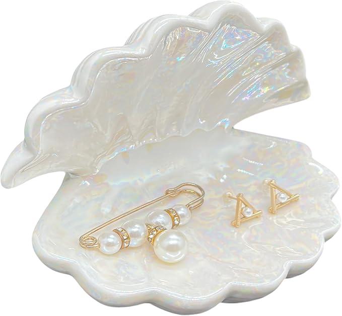 Shell Trinket Dish Ceramic Conch Ring Holder Jewelry Tray Decorative Jewelry Plate Cute Jewelry Organizer for Home Decor (Shell A)