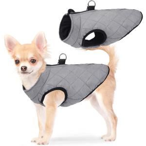 SCENEREAL Winter Dog Vest Coat with Harness Built In, Warm Puppy Jacket for Small Medium Dogs, Cold Weather Coat with Zipper, Fleece Puffer Vest Windproof Snow Clothes (S(Chest 14"), #1 Gray-Matte)