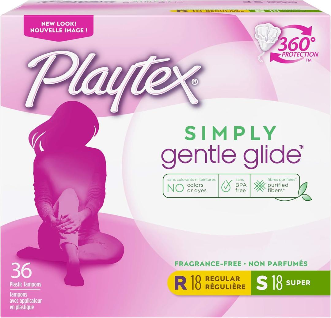 Playtex Simply Gentle Glide Tampons, Multipack (36ct Regular/36ct Super Absorbency), Fragrance-Free - 72ct (2 Packs of 36ct)