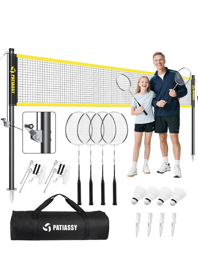 Professional Badminton Set with Carbon Fiber Badminton Rackets Set of 4, Outdoor Portable Badminton Net with Anti-Sag Winch System, 4 Nylon Badminton Shuttlecocks and Bag, 20FT Net