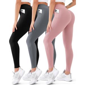 3 Pack High Waisted Leggings for Women Butt Lift Tummy Control Yoga Pants Non See-Through Workout Running Pants (Large-X-Large, 033 Black/Pink/Grey)