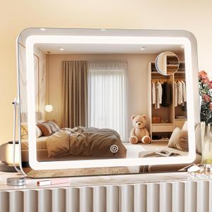 MINISO Vanity Mirror with Lights, 17.7" x 13.8" LED Makeup Mirror, Light & Brightness Adjustment, Smart Sensor, Aluminum Alloy Metal White Frame, with 5X Magnifying Glass (Round-angle)