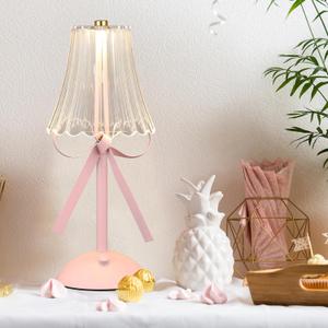 Chunful Bow Lamp Plugged in for Women Room Coquette Lamp Metal Touch Desk Decor 11.8 Inch Tall Cute Bedside Light with Scallop Skirt Shade Modern Princess Bedroom Nursery Decoration(Pink Crystal)