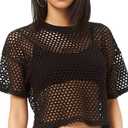 CLOZOZ Women's Mesh Crop Top See Through Fishnet Shirt Crew Neck Sheer Cover Up, Size M
