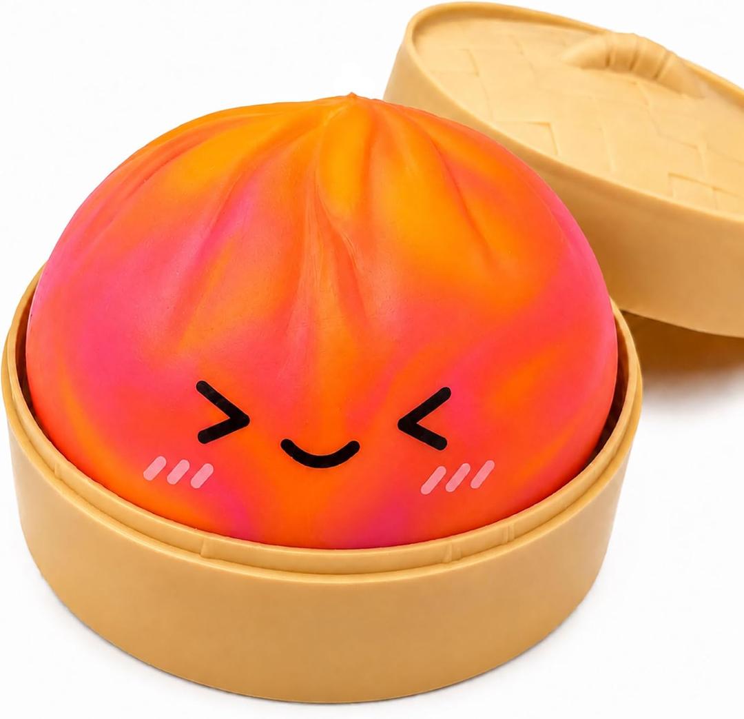 Tie Dye Orange Dumpling Toy with Steamer Case, Funny Squeeze Dough Stress Ball, Realistic Steamed Bun Squeezing Toy for Fidget Sensory Anxiety Relief Calming Travel Accessory Gift