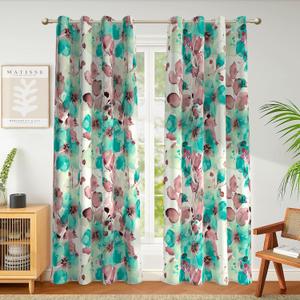 weesire 2 Pack 100% Blackout Boho Floral Curtains, Teal Flower Pattern, 52x96 Inches, Living Room & Bedroom