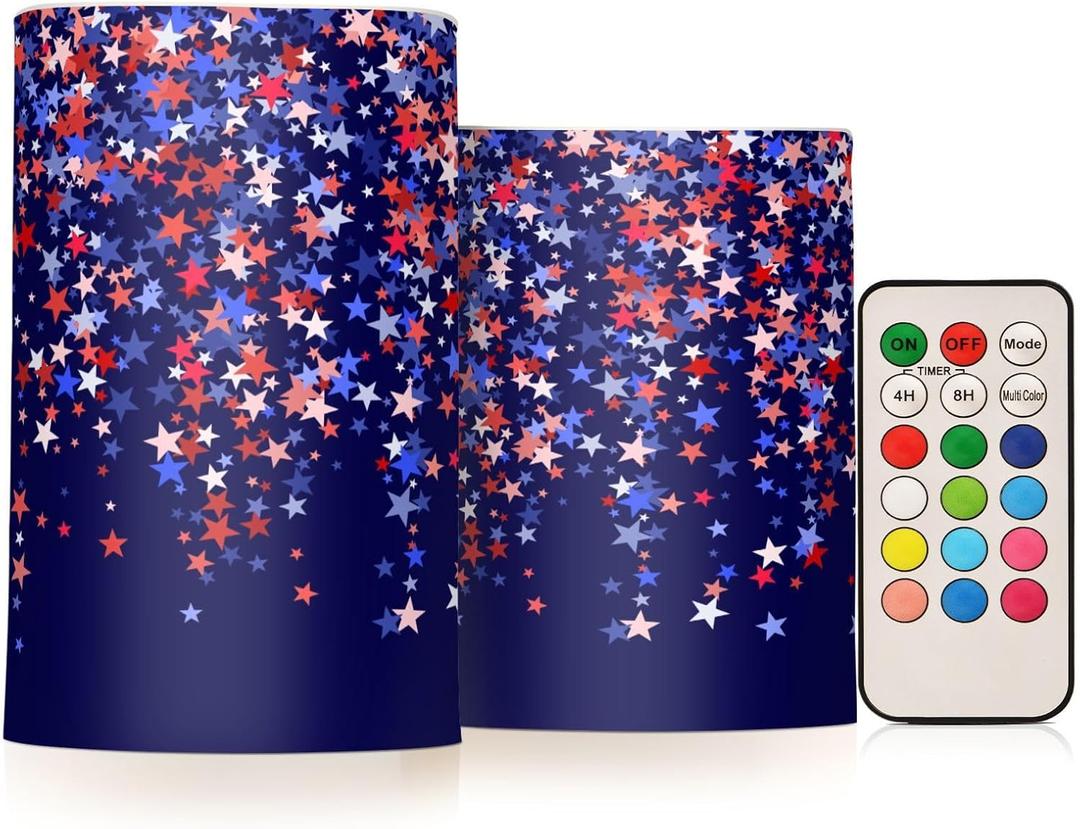 Set of 2 4th of July Red Blue Stars Flameless Candles Remote Timers Independence American Patriotic Pillar Candles for Bedroom Bathroom Outdoor Party Garden Ambient Lighting Decoration