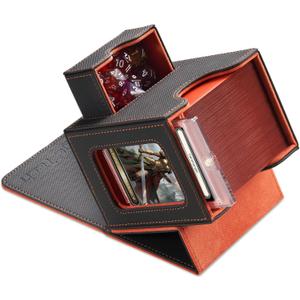 Card Deck Box for MTG Commander - Patented Design, Commander Display, Fits 100 Double-Sleeved Cards, 35pt Card Brick & Dice Tray - Grey/Orange