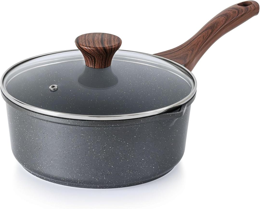 SENSARTE Nonstick Sauce Pan with Double Spout, 3.0 Quarts Swiss Granite Coating Sauce Pot with Lid Medium Kitchen Cooking Pot, Induction Comptable Saucepan, Free of Intentionally Added PFOA