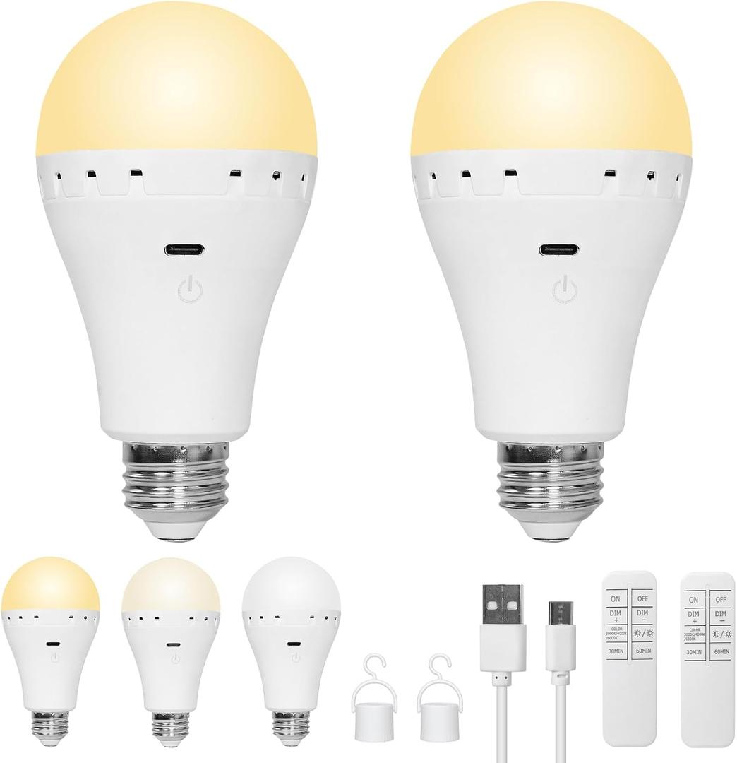 QBY Rechargeable Emergency Light Bulb, ETL/FCC Certified, 1500mAh Battery Backup Led Light Bulbs, 3000/4500/6000K & Dimmable, 60W Equiv., Remote & Touch, Home/Power Outage/Camping, 2 Pack