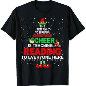 Reading Teacher Christmas Shirt - Elf Christmas Cheer T-Shirt for Men Women Black M