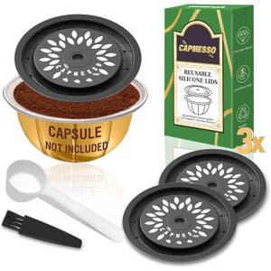 CAPMESSO Reusable Coffee Capsule Lids for Reusable Nespresso Pods Vertuoline, Food Grade Silicone Caps for Every Sizes of Refillable Vertuoline Pods with Scoop and Brush(3PCS Silicone Caps-NO PODS)