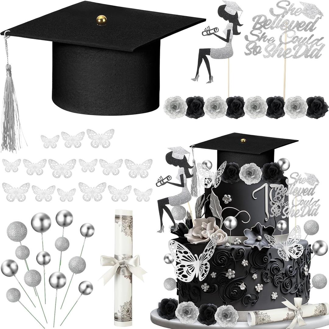 Boao 36 Pcs Graduation Cake Decorations Congrats Grad Cake Toppers Class of 2026 Cap Diploma She Believed She Could Rose Butterfly Decor for Girls 2026 Graduation Party Supplies(Silver)