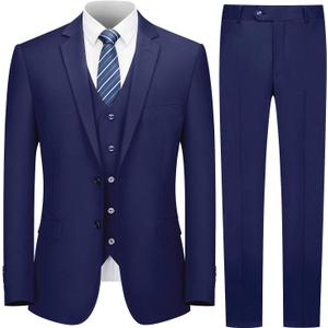 Cooper & Nelson 3 Piece Mens Suit Set 2 Button Slim Fit Suits for Men Business Wedding Party Tuxedo Jacket Vest Pants and Tie (Blue, S)