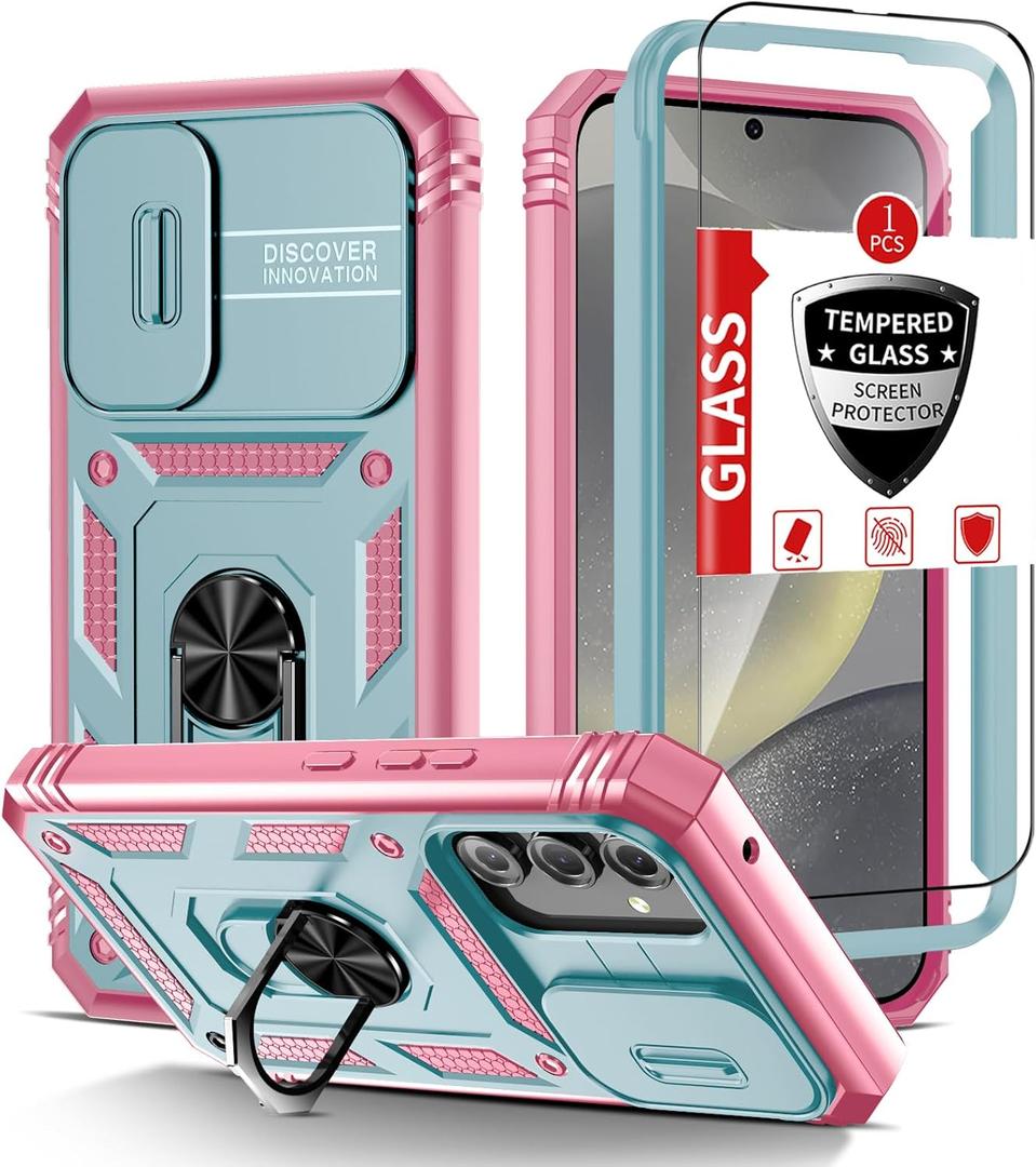 for Samsung Galaxy S24 Case with 1 Tempered Glass Screen Protector,S24 Phone Case Built-in 360Kickstand Ring with Camera Cover Shockproof Military Grade Drop Heavy Duty Protection Green Pink