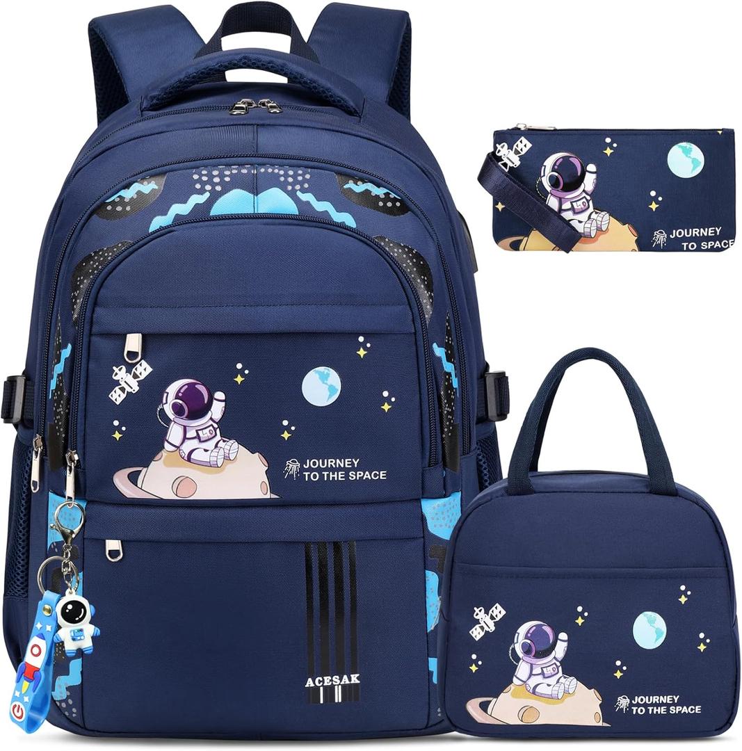 Backpack for Boys - Boy Backpack Schoolbag for Boys Kids Children Teens Girls Elementary Middle School Bags, Waterproof Lightweight Kids Bookbag Backpacks Casual Daypack with Lunch Bag Set (Blue)