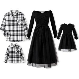 PATPAT Family Matching Outfits Set Mommy and Me Dresses Off Shoulder Midi Dress Dad and Boy Plaid Button Down Shirts (Black, XL)