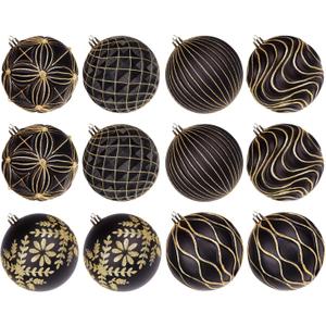 Lanpn 12 Pcs 4" Large Christmas Balls Ornaments, Outdoor Xmas Tree Hanging Decorations, Shatterproof Christmas Ball Ornament Set for Home Winter Holiday, Assorted Relief Pattern, Black & Gold