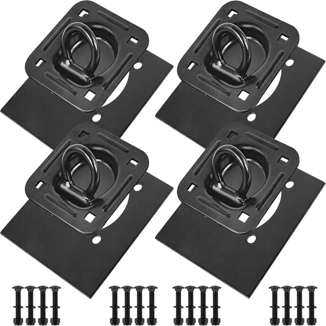 Recessed D Ring Tie Down Anchors 4 Pack (6,000 Lbs), Heavy Duty Trailer Floor Tie Downs and Anchor Points for Securing Cargo, Equipment, ATV, UTV, Truck Black, Black 4pcs
