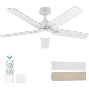 52 Inch White Ceiling Fan with Light and Remote Control,Dimmable 3 Color Temperatures LED Ceiling Fan,6 Speeds Reversible DC Motor,5 Blades Modern Ceiling Fans for Indoor or Covered Outdoor