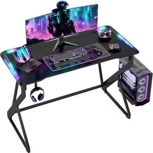 TIQLAB Gaming Desk with LED Lights, 40 Inch Computer Desk Z Shaped Gamer Workstation, Gaming Table with Carbon Fiber Surface, PC Gamer Desk, Black