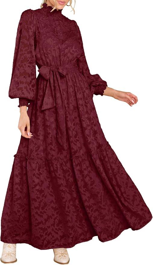 MITILLY Women's Floral Lace Long Puff Sleeve Ruffle High Neck A-Line Flowy Tiered Maxi Dress with Belt Small Wine Red S