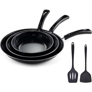 Nonstick Frying Pan Set - Iron Frying Pan 3-Piece Set (8", 10", 12") + 2 Silicone Spatulas, With Premium Nonstick Coating, Up to 450F, Skillet Suitable for Induction, Gas & More (Black)