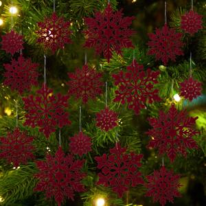 36pcs Burgundy Red Flocked Christmas Snowflake Ornaments, Hanging Velvet Snow Flakes for Christmas Tree Decorations Winter Wonderland Frozen Birthday Party Holiday Home Decor Craft Snowflakes