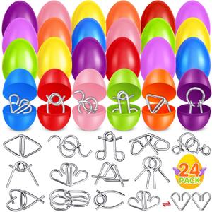 Shemira 24 Pack Easter Eggs Filled with Metal Brain Teaser Puzzle Toy for Easter Egg Hunt, Filled Easter Eggs For Teens, Easters' Goodie Bag Stuffers, Easters' Party Favors Basket Essentials,