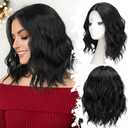 Black Short Wavy Wig for Women Lace Hairline Bob Style Synthetic Heat Resistant - Natural Appearance for Everyday Hairstyle 14 Inch