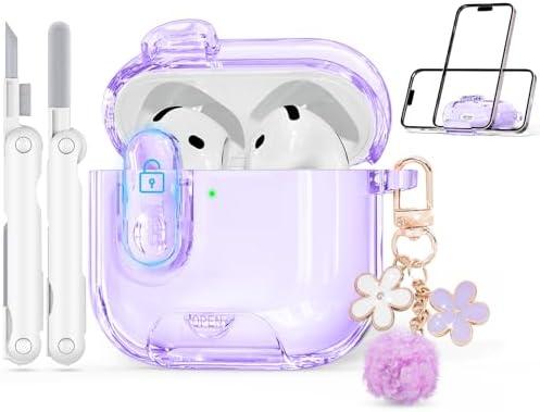 Clear Case for AirPods 4 Case Cover with Safety Lock,Soft TPU Cover with Phone Stand & Cleaning Kit,Cute Bling Keychain for Women Girls-Clear Purple