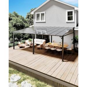 12x14 FT Gazebo for Patio, Wall Mounted Lean to Hardtop Gazebo Pergola with 6Mm Sloped Roof Heavy Duty Awnings for Porch, Decks, Backyard to Shade & Rain