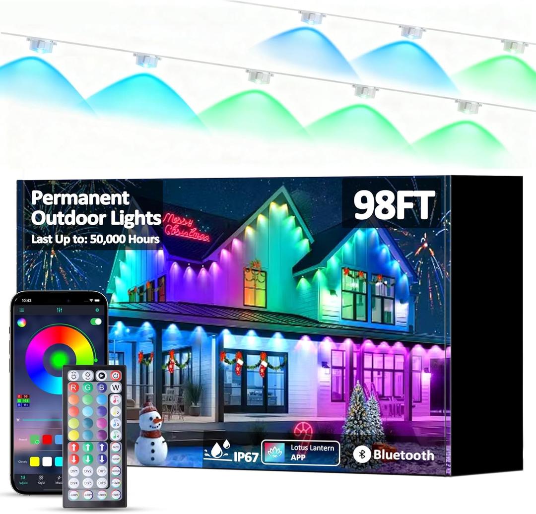 98FT Permanent Outdoor String Lights, RGB Multicolor LED Eaves Lights with APP & Remote, IP67 Waterproof Indoor Outdoor Christmas Halloween Party Garden Decor