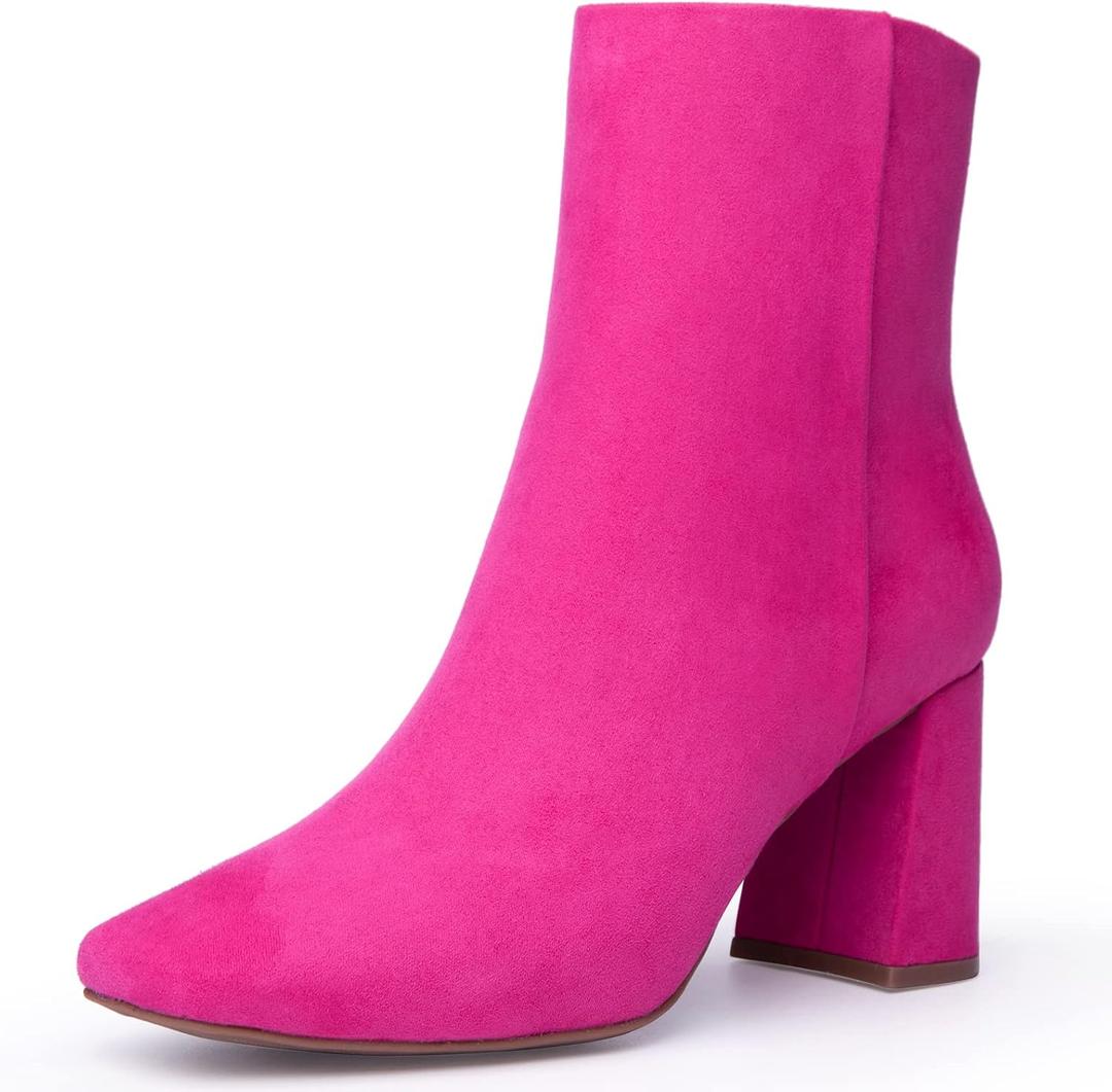 Womens Fashion Ankle Boots Square Toe Suede Side Zipper Chunky Block Heel Booties (6, Pink)