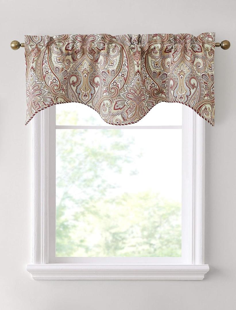 HLC.ME Paris Paisley Thermal Insulated Blackout Decorative Rod Pocket Short Scalloped Curtain Valance for Kitchen, Bathroom, Basement and Small Windows (50 W x 20 L Inch, Spice Red)