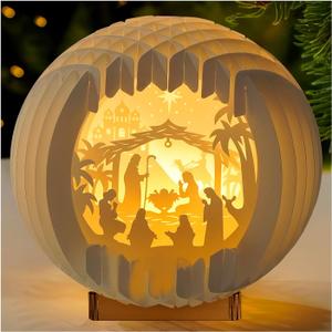 Wooden Nativity Set, Wood Christmas Nativity Scene Set, Miniature Holy Family Figurines, Table Top Boho Christmas Jesus Decorations for Indoor Mantel Display (Light Up Nativity)