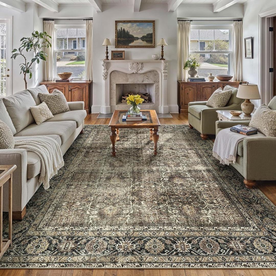 PureCozy Vintage Area Rug 10x14 Brown Washable Living Room Large Carpet Non Slip Bedroom Indoor Office Low Pile Traditional Distressed Retro Accent Rug for Dining Room