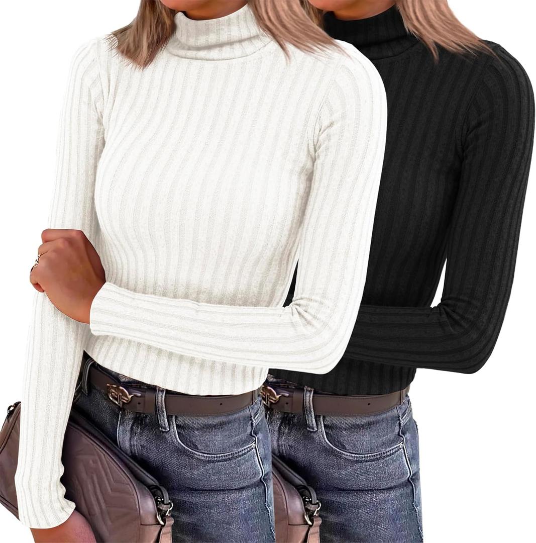 2 Pack Womens Long Sleeve Turtleneck Shirts Basic Fall Thermal Lightweight Pullover Tops Trendy Comfy Undershirts (X-Large, 0-black, Ivory White)