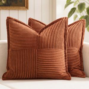 MIULEE Dark Rust Fall Decorative Throw Pillow Covers for Couch Bed Livingroom 20x20 Inch Set of 2 Boho Accent Throw Pllows Broadside Striped Patchwork Soft Corduroy Pillowcases