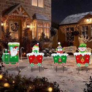 Christmas Yard Stakes Light Up Christmas Yard Decorations with LED Santa Claus Snowman Penguin Clown in Train Lighted Metal Garden Stakes Outdoor Xmas Stake Lawn Pathway Outdoor Decoration