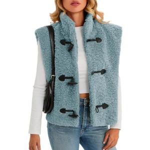 Tanakneo Womens Fuzzy Fleece Vest Cropped Sleeveless Sherpa Jacket Stand Collar Toggle Warm Outerwear Vest (Small, Blue)