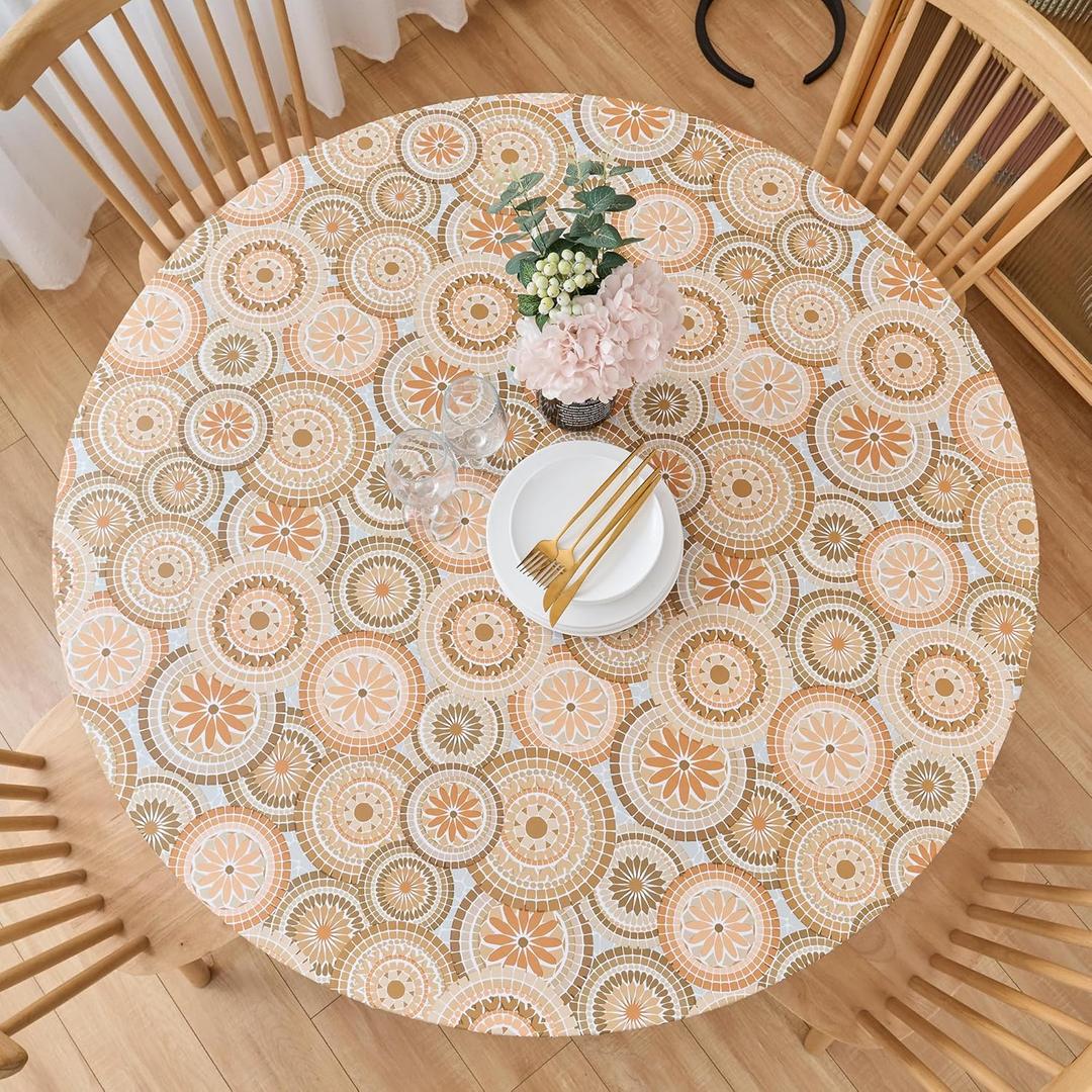 LIBERECOO Round Fitted Tablecloth with Elastic, Flannel Backed Vinyl Tablecloths for 45" - 56" Tables, Waterproof Wipeable Reusable Plastic Table Cloth for Indoor & Outdoor, Boho Sunburst Medallion