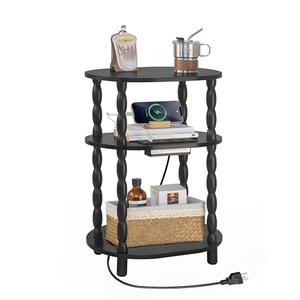 MaxSmeo Black Side Table with Charging Station, 3-Tier Small Oval End Table with USB Ports and Outlet, Modern Night Stand Wood Accent Table for Living Room, Bedroom, Black