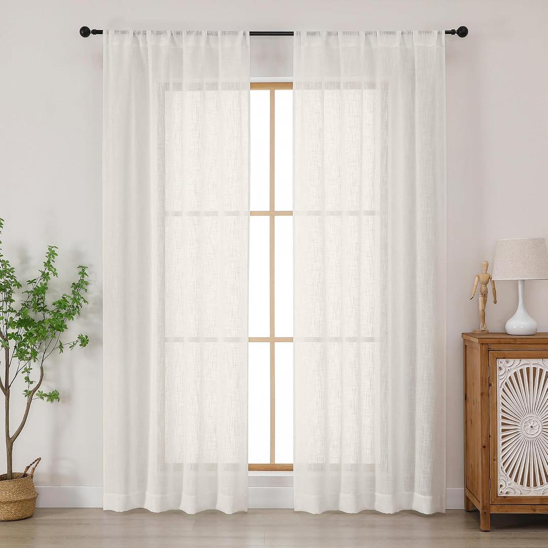 Chyhomenyc Ivory Semi Sheer Curtains 84 Inches Long 2 Panels Set, Light Filtering Faux Linen Slub Textured Burlap Curtain for Bedroom, Elegant Rod Pocket Window Curtains Drapes, Each 42Wx84L