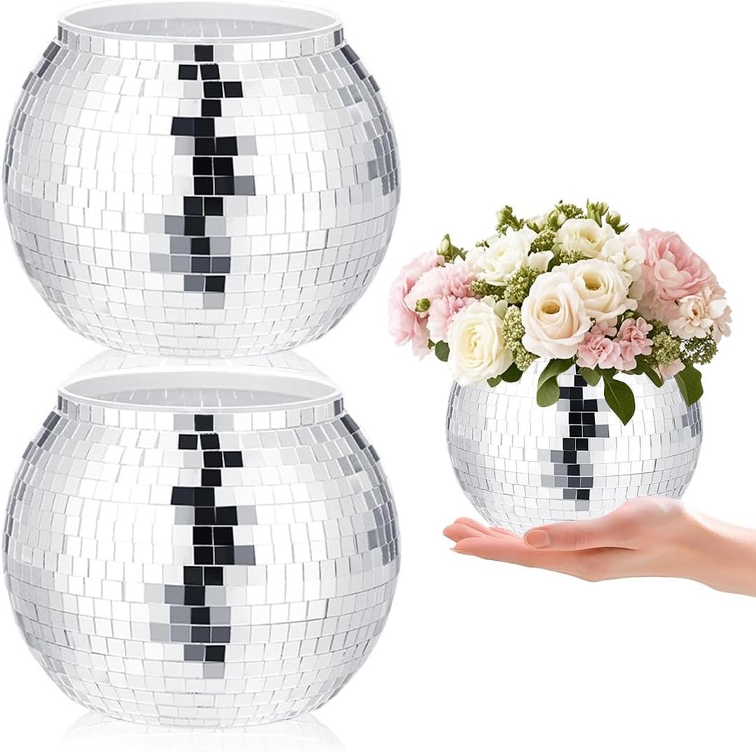 2 Pcs Disco Ball Vases,Plastic Disco Ball Centerpieces 4" X 4.7" Disco Ball Decor Silver Mirror Disco Ball Planter Can Be Used for Wedding Centerpieces,Birthday,Office